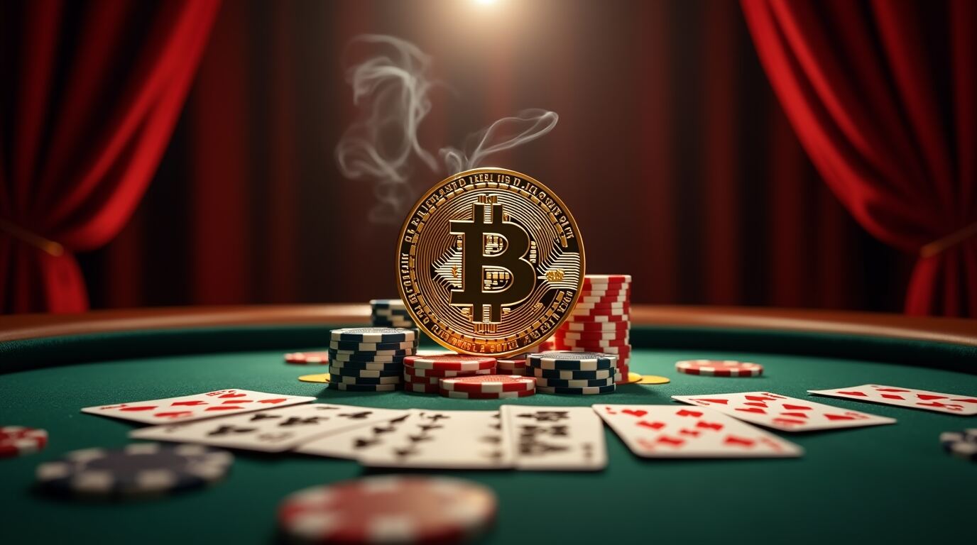 Frau spielt an einem Bitcoin Spielautomaten mit leuchtenden Symbolen im Online-Casino.
