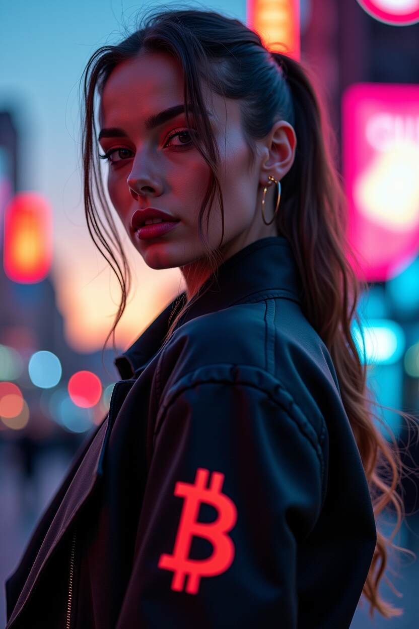 Frau spielt an einem Bitcoin-Spielautomaten mit leuchtenden Symbolen im Online-Casino.